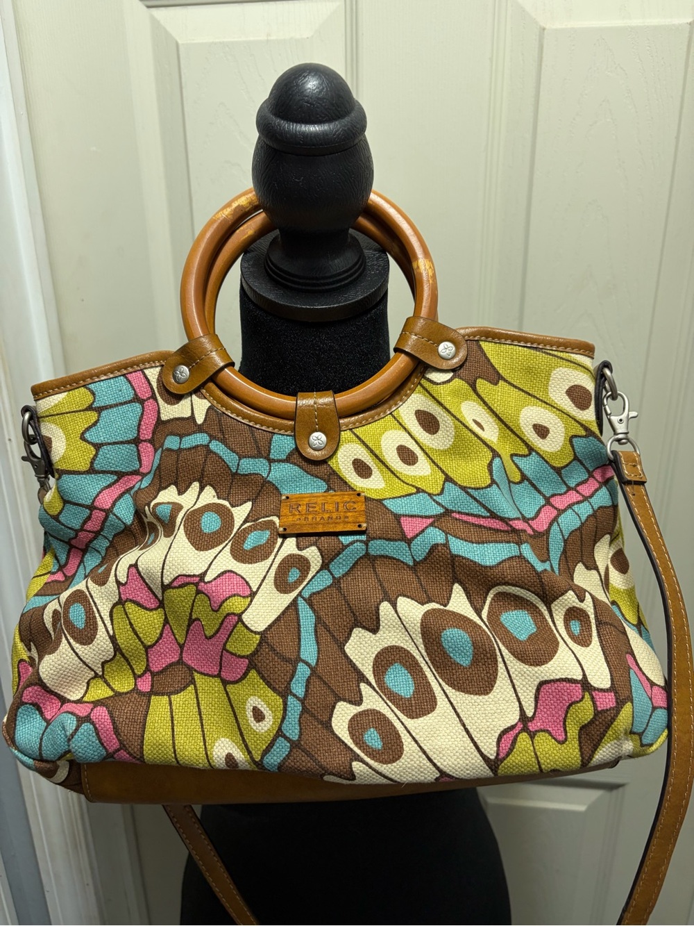 Retro Relic Multicolor Butterfly-Print Canvas Shoulder Bag with Leather Handles